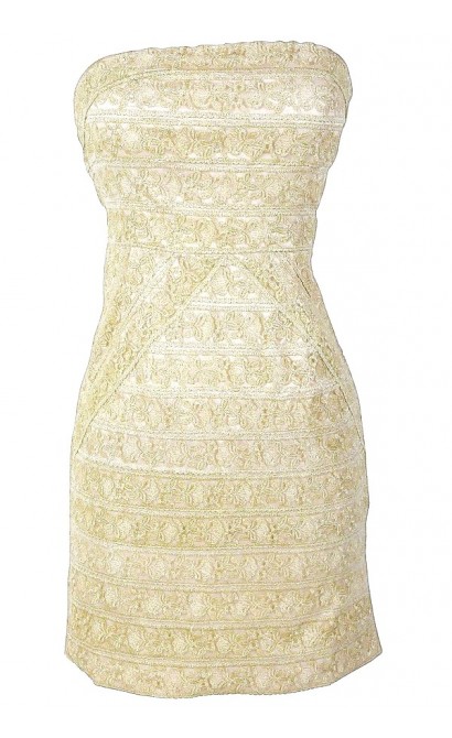 Gilded Gold Metallic Lace Strapless Designer Dress by Minuet